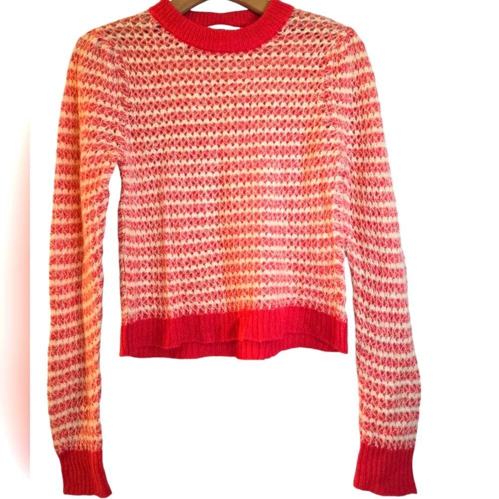 Open Knit Stripe Crewneck Sweater by WAYF in a Peachy/Cream Color, Cottage Size